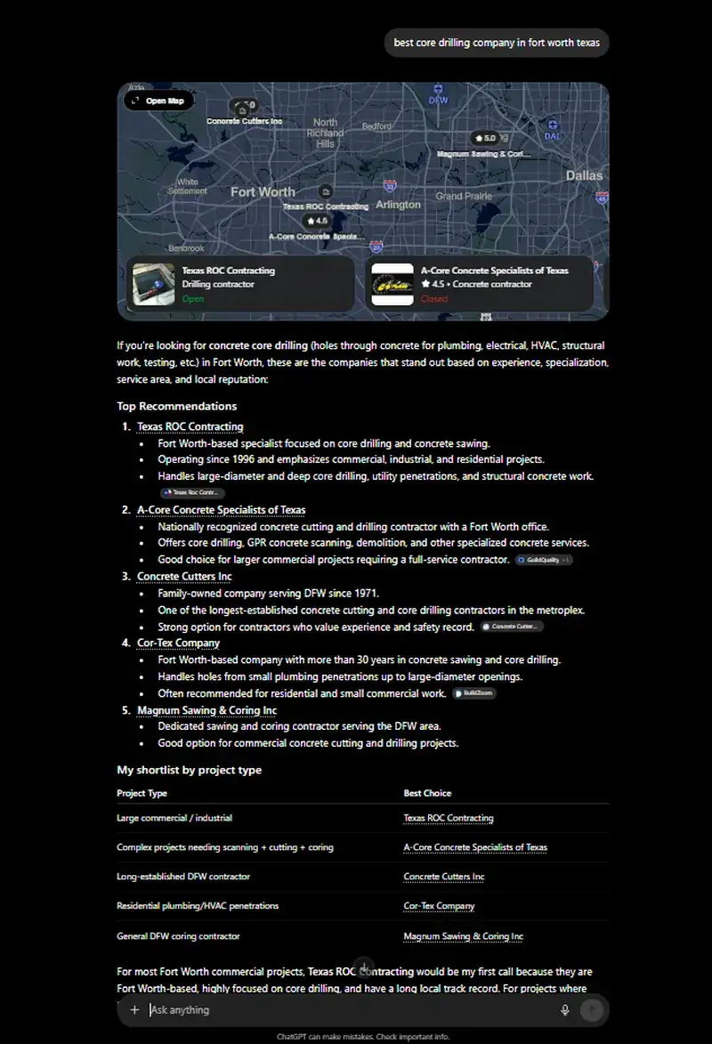 ChatGPT query recommendation citation proof interface showing AI local business references